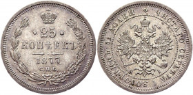 Russia 25 Kopeks 1877 СПБ HI
Bit# 154; Silver, AUNC, mint luster; Silver 5,15g.