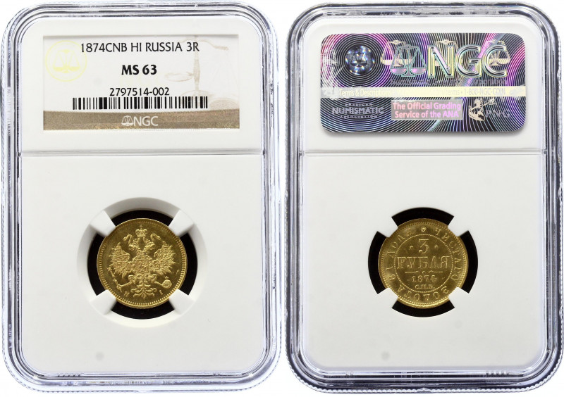 Russia 3 Roubles 1874 R СПБ HI NGC MS63
Bit# 36 R; Conros# 21/6; Gold; Alexande...