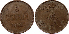 Russia - Finland 5 Pennia 1872 
Bit# 661; Copper 6.38g; XF