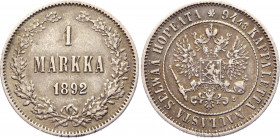 Russia - Finland 1 Markka 1892 L
KM# 3.2; Bit# 231; Conros# 484/9; Silver 5,14g.; Alexander III; XF