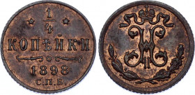 Russia 1/4 Kopek 1898 СПБ
Bit# 297; Copper 0.84g; UNC with red mint luster