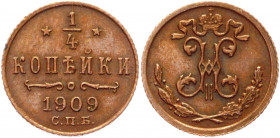 Russia 1/4 Kopek 1909 CПБ
Bit# 279; Conros# 243/57; Copper 0,81g.; Nicholas II; AUNC