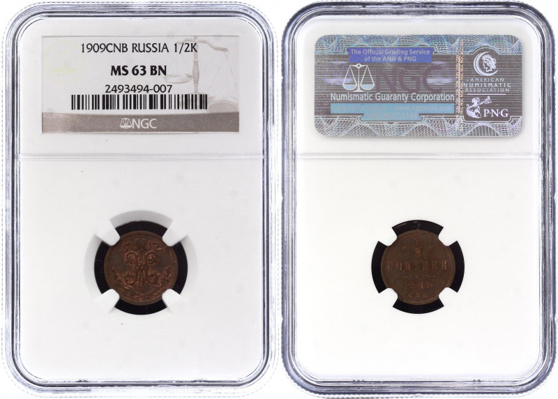 Russia 1/2 Kopek 1909 СПБ NGC MS63 BN
Bit# 269; Copper