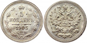 Russia 5 Kopeks 1905 СПБ АР
Bit# 182; Silver 0,94g.; AUNC