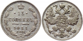 Russia 15 Kopeks 1911 СПБ ЭБ
Bit# 136; Conros# 149/75; Silver 2.61g.; VF