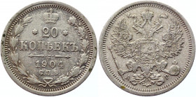 Russia 20 Kopeks 1904 СПБ АР
Bit# 104; Conros# 146/79; Silver 3.54g.; VF