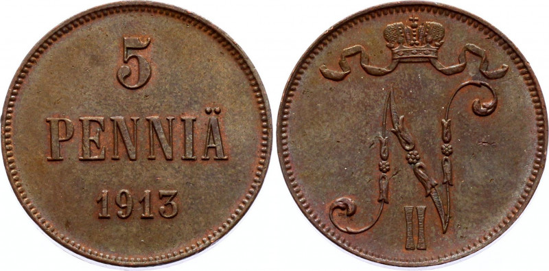 Russia - Finland 5 Pennia 1913 
Bit# 453; Copper 6.40g ; XF+/AUNC-mint luster r...