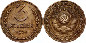 Russia - USSR 3 Kopeks 1924 
Y# 78; Copper 9,75 g.; Plain edge; Coin from an old collection; Deep light brown cabinet patina; Precious collectible sa...