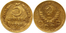 Russia - USSR 5 Kopeks 1938 
Y# 108; Aluminum-Bronze 4.92g.; XF
