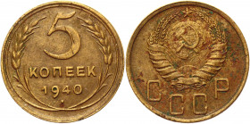 Russia - USSR 5 Kopeks 1940 
Y# 108; Aluminum-Bronze 4.97g.; XF