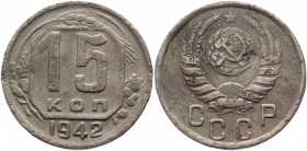 Russia - USSR 15 Kopeks 1942 
Y# 110; Copper-Nickel 2,40g.; VF Rare!