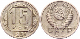 Russia - USSR 15 Kopeks 1951 
Y# 117; Copper-Nickel 2.62g.; VF-XF
