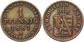 German States Anhalt 1 Pfennig 1867 B (small mintage)
KM# 96; Copper 1.46g.; Alexander Carl; XF