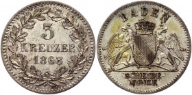 German States Baden 3 Kreuzer 1868
KM# 246; Silver 1.18g.; UNC