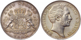 German States Bavaria 2 Gulden 1853
KM# 446, Dav. 600; Silver 21,18g.; Maximilian II; AUNC