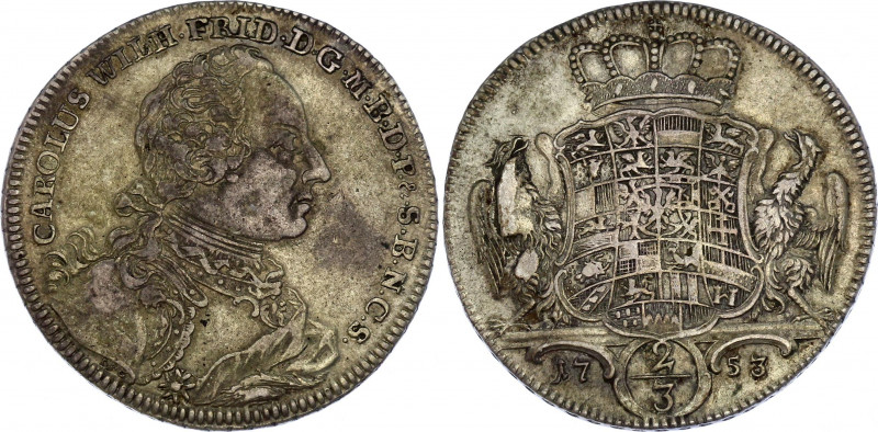 German States Brandenburg-Ansbach 2/3 Taler 1753 ISG
KM# 18; Silver; Karl Fried...