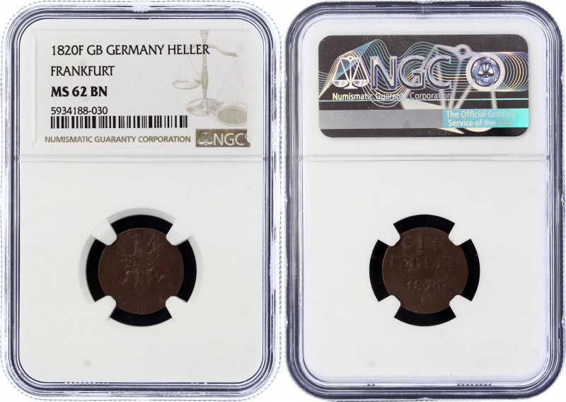 German States Frankfurt 1 Heller 1820 F GB NGC MS62 BN
KM# 301