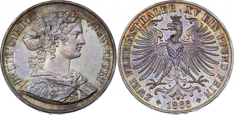 German States Frankfurt 2 Taler (3-1/2 Gulden) 1866
KM# 365; J. 43; AKS# 4; Kah...