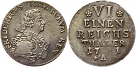 German States Prussia 1/6 Taler 1751 A
KM# 252; Olding# 22; Schrötter# 244; Silver 5,02g.; Friedrich II; Mint: Berlin; XF