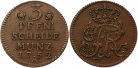 German States Prussia 3 Pfennig 1752 A
KM# 267; Olding# 155; Copper 6,37g.; Friedrich II; Mint: Berlin; VF-XF