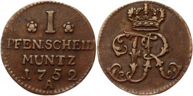 German States Prussia Pfennig 1752 A
KM# 262.1; Olding# 53; Schrötter# 1892; Copper 2,28g.; Friedrich II; Mint: Berlin; VF-XF