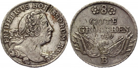 German States Prussia 8 Groschen 1759 B
KM# 274.1; Olding# 338; Silver 7,91g.; Friedrich II; Mint: Breslau; VF