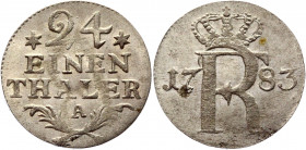 German States Prussia 1/24 Taler 1783 A
KM# 296; Olding# 140; Schrötter# 710; Silver 2,00g.; Friedrich II; Mint: Berlin; XF