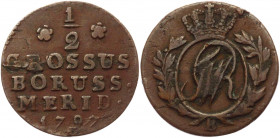 German States Prussia 1/2 Groschen 1797 B
KM# C362.1; J# 173; Olding# 30 a; Copper 1,95g.; Friedrich Wilhelm II; Mint: Breslau; VF