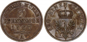 German States Prussia 3 Pfenninge 1867 A
KM# 482; Wilhelm I; UNC with few hairlines