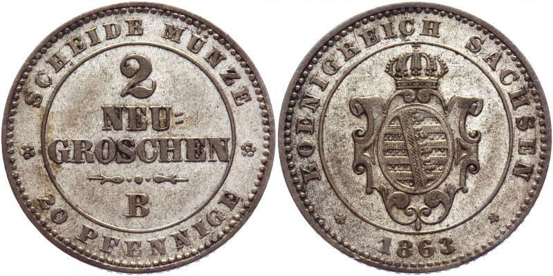 German States Saxony 2 Neu-Groschen 1863 B
KM# 1220; Silver 3.16g.; UNC