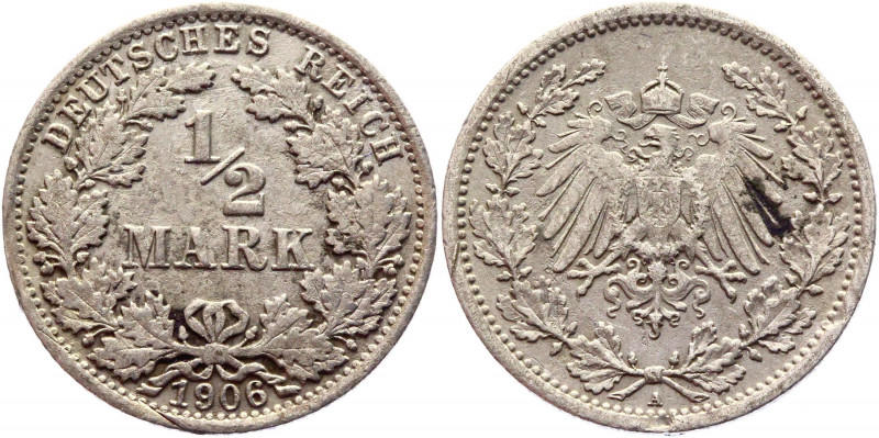 Germany - Empire 1/2 Mark 1906 A
KM# 17; Silver 2.68g.; VF