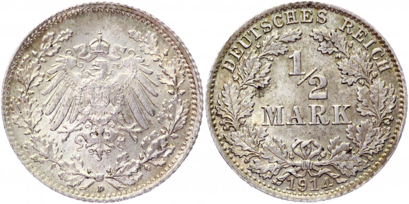 Germany - Empire 1/2 Mark 1914 D
KM# 17; J# 16; Silver 2,78g.; Wilhelm II; AUNC