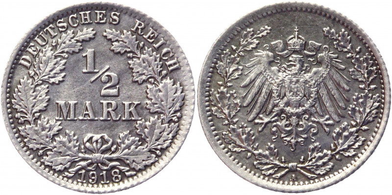 Germany - Empire 1/2 Mark 1918 A
KM# 17, AKS# 6, J# 16, Schön DM# 17; Silver