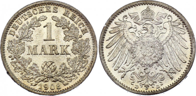 Germany - Empire 1 Mark 1908 D
KM# 14; Silver; Wilhelm II; UNC with Full Mint L...