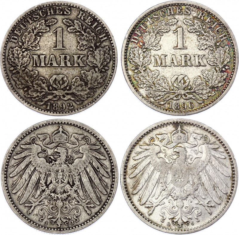 Germany - Empire 2 X 1 Mark 1892 & 1896 G, J Rare
KM# 14; Silver; Wilhelm II