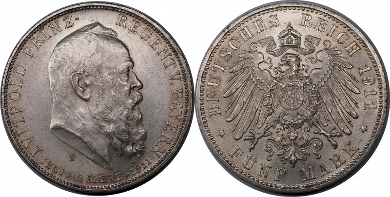 Germany - Empire Bavaria 5 Mark 1911 D
KM# 999, J. 50; AKS# 205; Schön# 19; Sil...