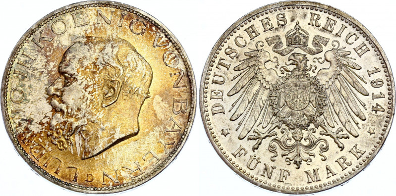 Germany - Empire Bavaria 5 Mark 1914 D
KM# 1007; Silver; Ludwig III; XF+ With N...