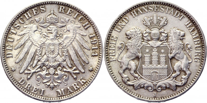 Germany - Empire Hamburg 3 Mark 1914 J
KM# 620, Jager# 64; Silver 16,66g.