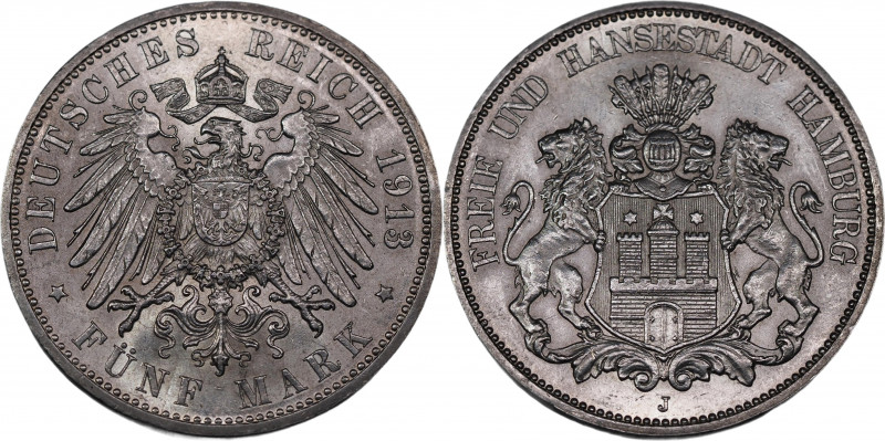 Germany - Empire Hamburg 5 Mark 1913 J
KM# 610; Silver; Mint: Hamburg; UNC