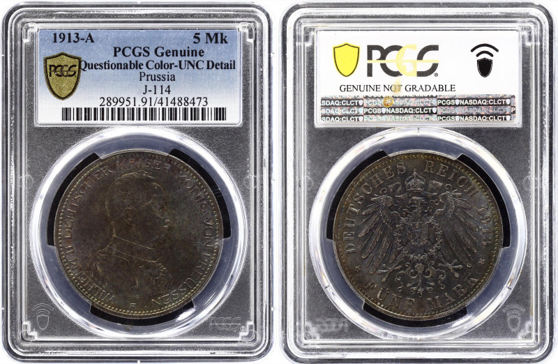 Germany - Empire Prussia 5 Mark 1913 A PCGS UNC
KM# 536; Wilhelm II; UNC Detail...