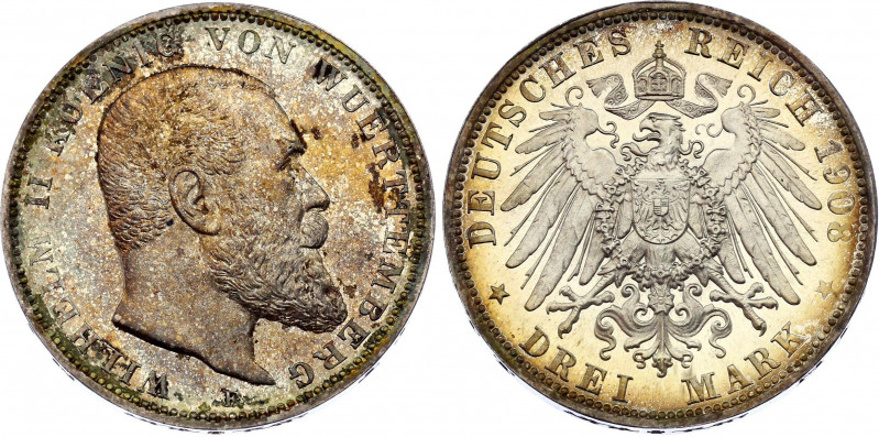 Germany - Empire Württemberg 3 Mark 1908 F
KM# 635; J. 175; Silver 16,50g.; Wil...