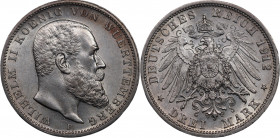 Germany - Empire Württemberg 3 Mark 1912 F
KM# 635; Silver 16,68g.; Wilhelm II; Mint: Freudenstadt; UNC