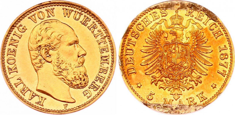 Germany - Empire Württemberg 5 Mark 1877 F
KM# 627; J. 291; Gold (.900) 1,99g.;...