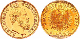 Germany - Empire Württemberg 5 Mark 1877 F
KM# 627; J. 291; Gold (.900) 1,99g.; Unmounted; Karl I