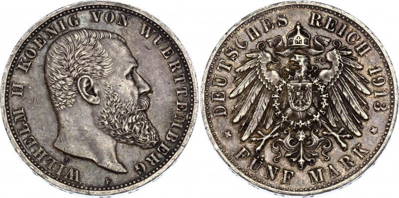 Germany - Empire Wurttemberg 5 Mark 1913 F
KM# 632; Silver; Wilhelm II.; XF+ wi...