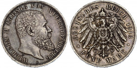 Germany - Empire Wurttemberg 5 Mark 1913 F
KM# 632; Silver; Wilhelm II.; XF+ with Nice Toning!