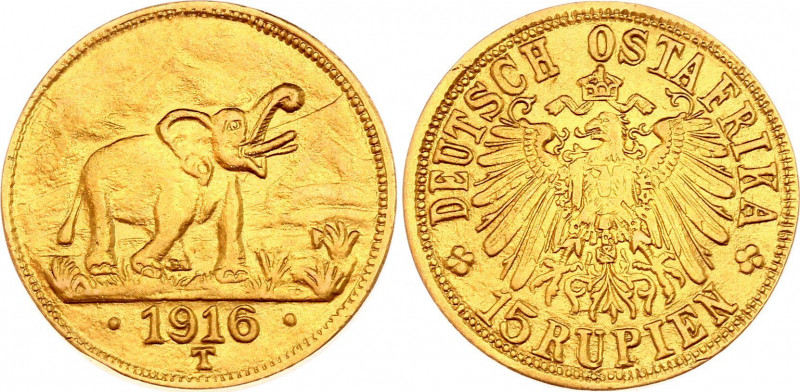 German East Africa 15 Rupien 1916 T
KM# 16.2; J. 728a; Gold (.750) 6,94g.; Wilh...