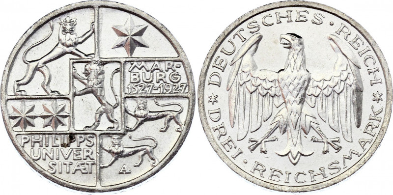 Germany - Weimar Republic 3 Reichsmark 1927 A
KM# 53; Silver; 400th Anniversary...