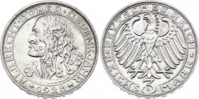 Germany - Weimar Republic 3 Reichsmark 1928 D
KM# 58; Silver; 400th Anniversary of the Death of Albrecht Dürer; UNC with Full Mint Luster!