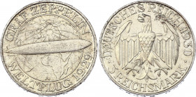 Germany - Weimar Republic 3 Reichsmark 1930 A
KM# 67; Silver; Flight of the Graf Zeppelin; UNC-